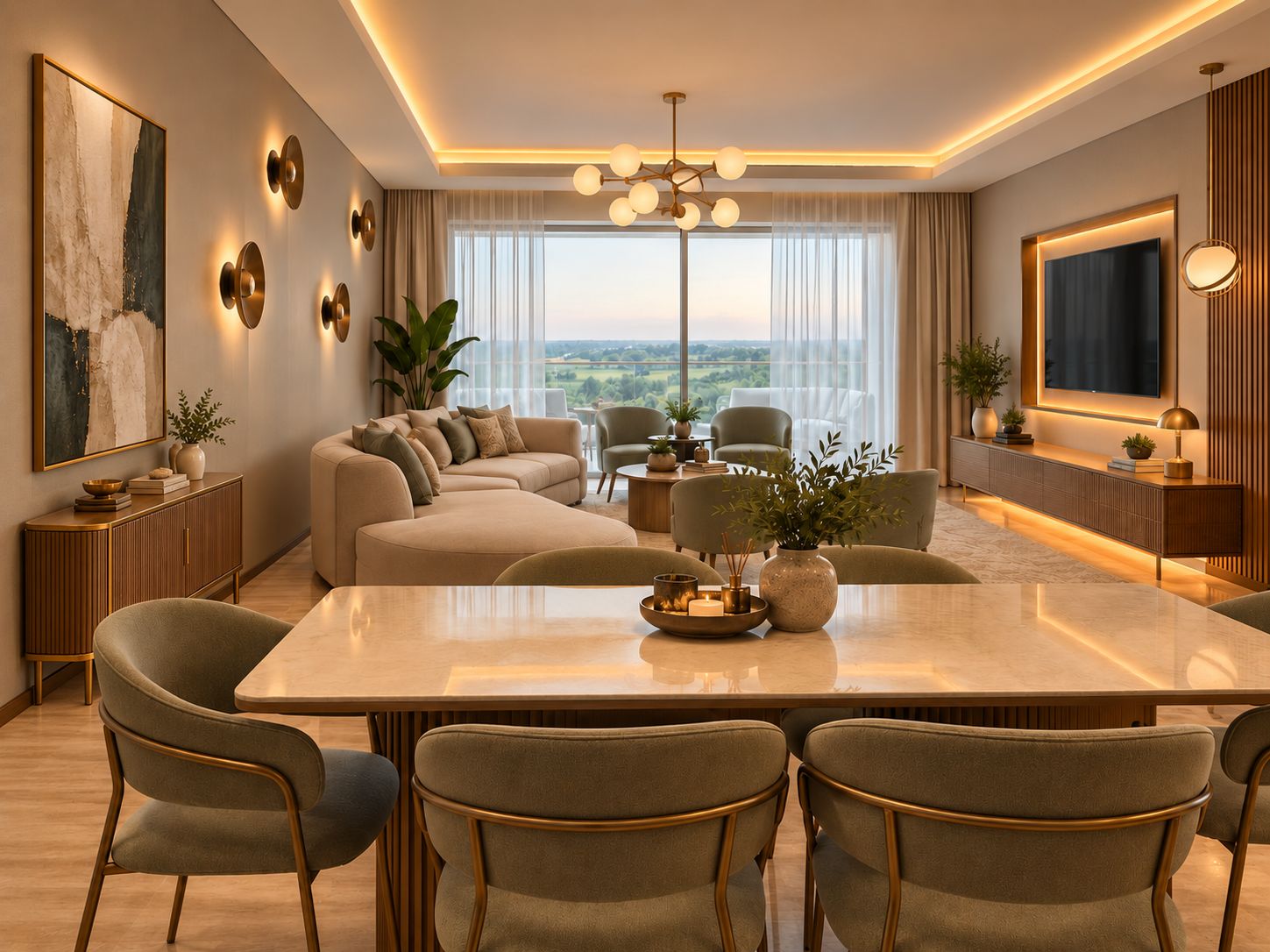 Una sala moderna con un sofá grande, una mesa de comedor y sillas, un televisor de pantalla plana y vistas al exterior.