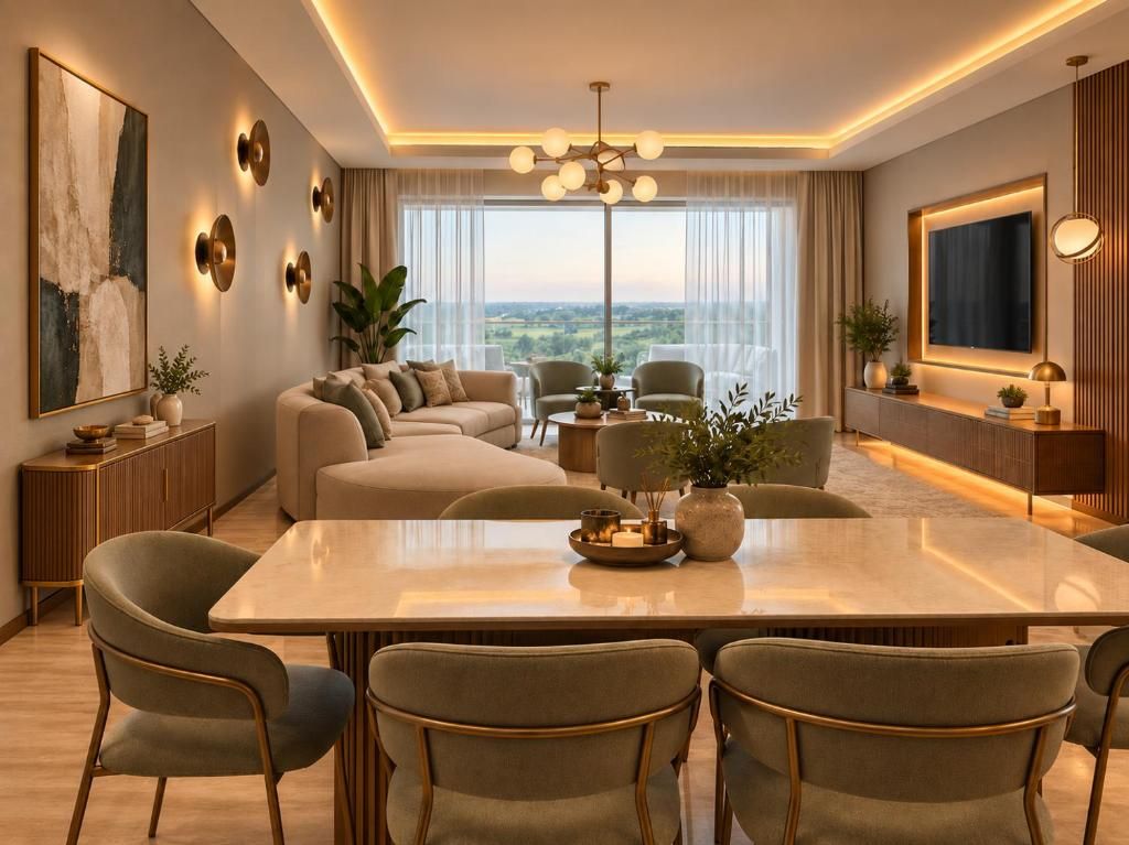 Ein modernes Wohnzimmer mit einer Sofagarnitur, einem Esstisch mit Stühlen, einem großen Fenster mit Aussicht und dekorativen Wandleuchten.