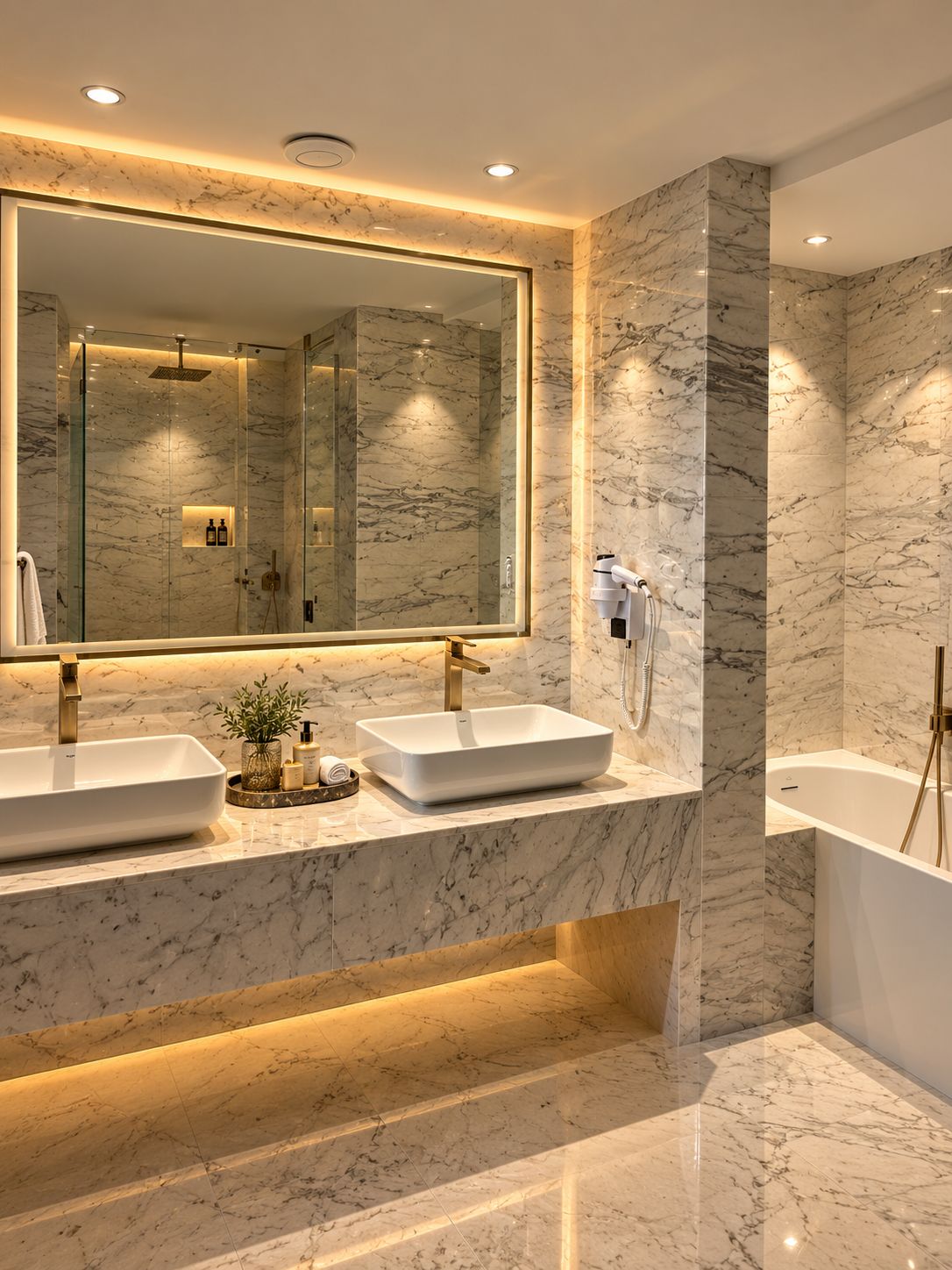 A modern bathroom with two sinks, a large mirror, and a bathtub.