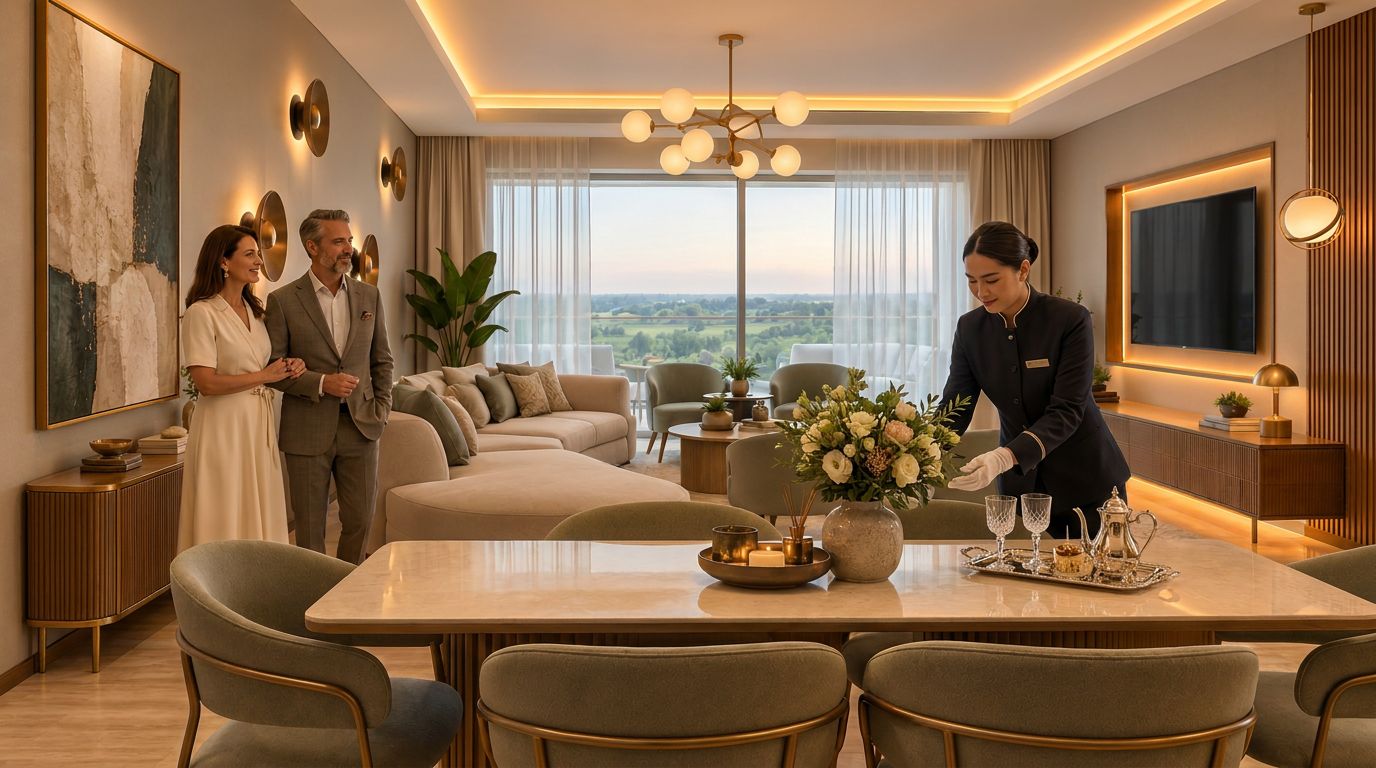 Une chambre d’hôtel comprenant un coin repas, un ensemble de canapés, une grande fenêtre avec vue et un membre du personnel de service.
