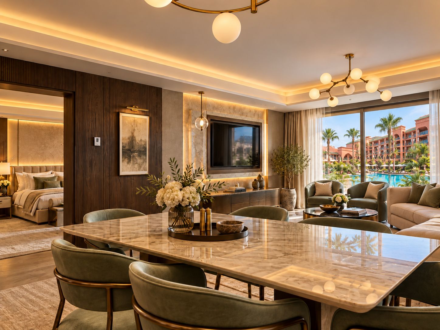 Habitación de hotel moderna con una amplia mesa de comedor, asientos confortables, televisión y vistas a una piscina y edificios del hotel.