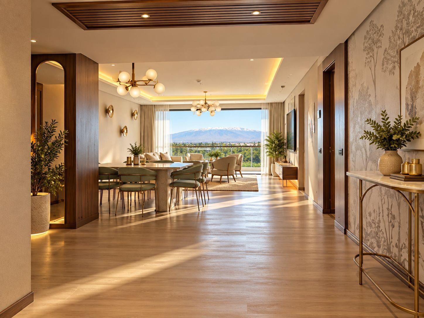 Una habitación amplia con comedor, un ventanal con vistas a la montaña y un candelabro.