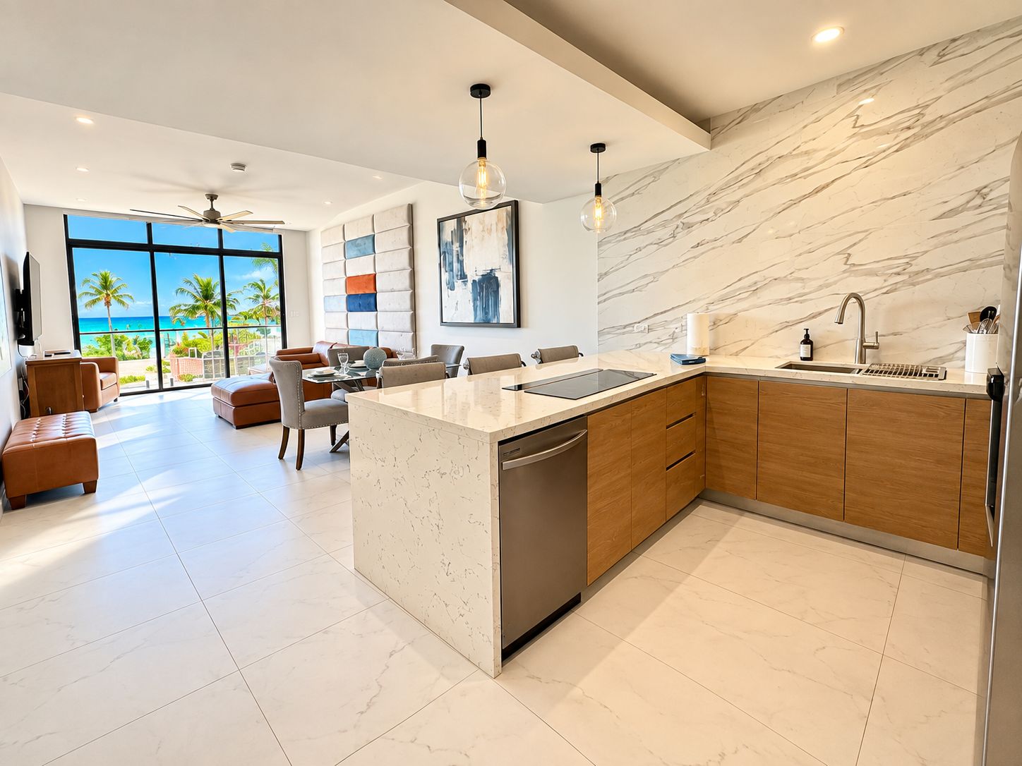 A modern kitchen with a marble backsplash, wooden cabinets, and a large island.