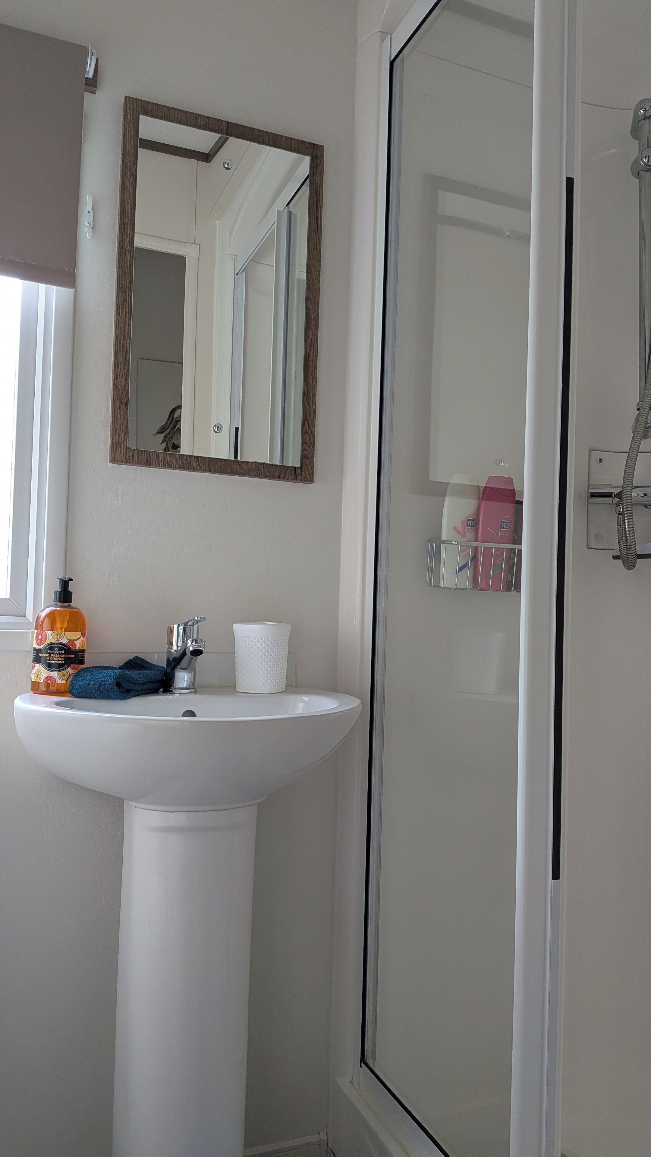 Un bagno con lavandino bianco, specchio e zona doccia.