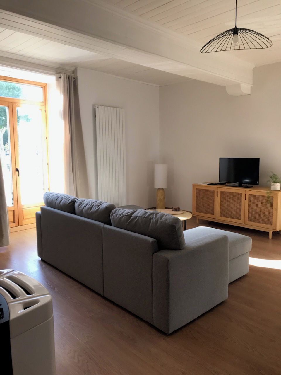 Ett modernt vardagsrum med en grå soffa, ett träskåp med en tv och en hänglampa.