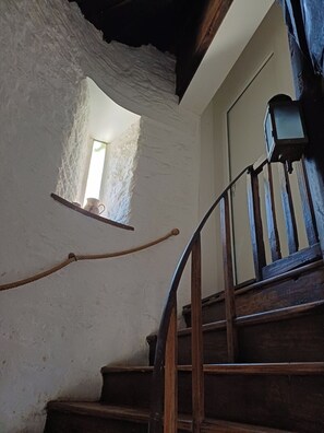 A staircase with wooden steps and a handrail, leading to a door with a window above it.