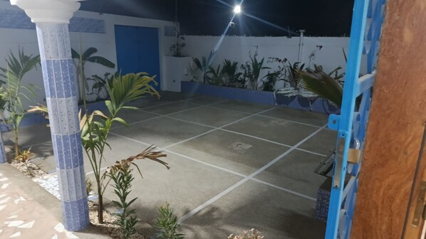 An outdoor area with a tiled floor, a blue door, and various plants.