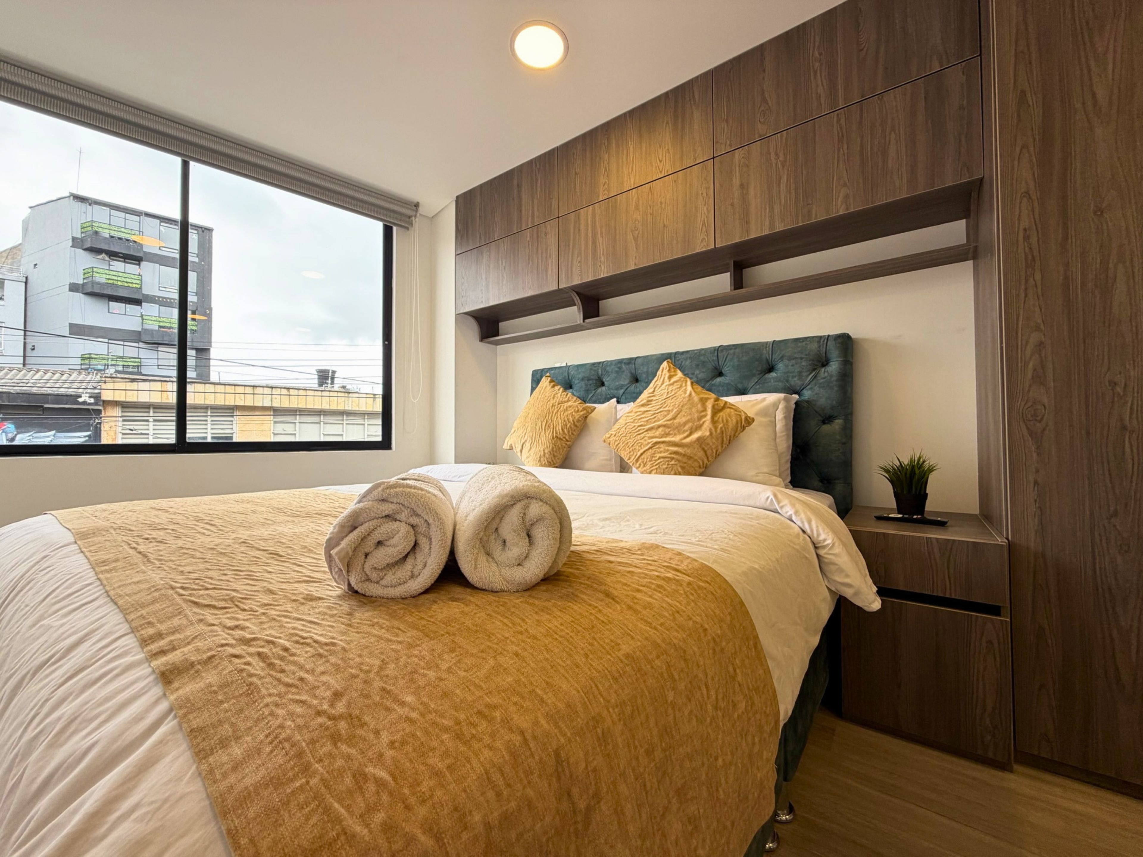 A hotel room with a large bed, a wooden headboard, a window with a city view, and a small plant on the nightstand.