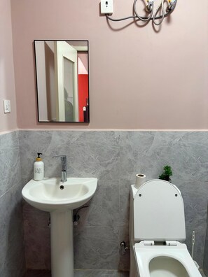 A bathroom with a white sink, a toilet, and a mirror on the wall. - TALANTA SKYLINE ONE BEDROOM ALONG NGONG ROAD, NEAR JUNCTION MALL (Nairobi)