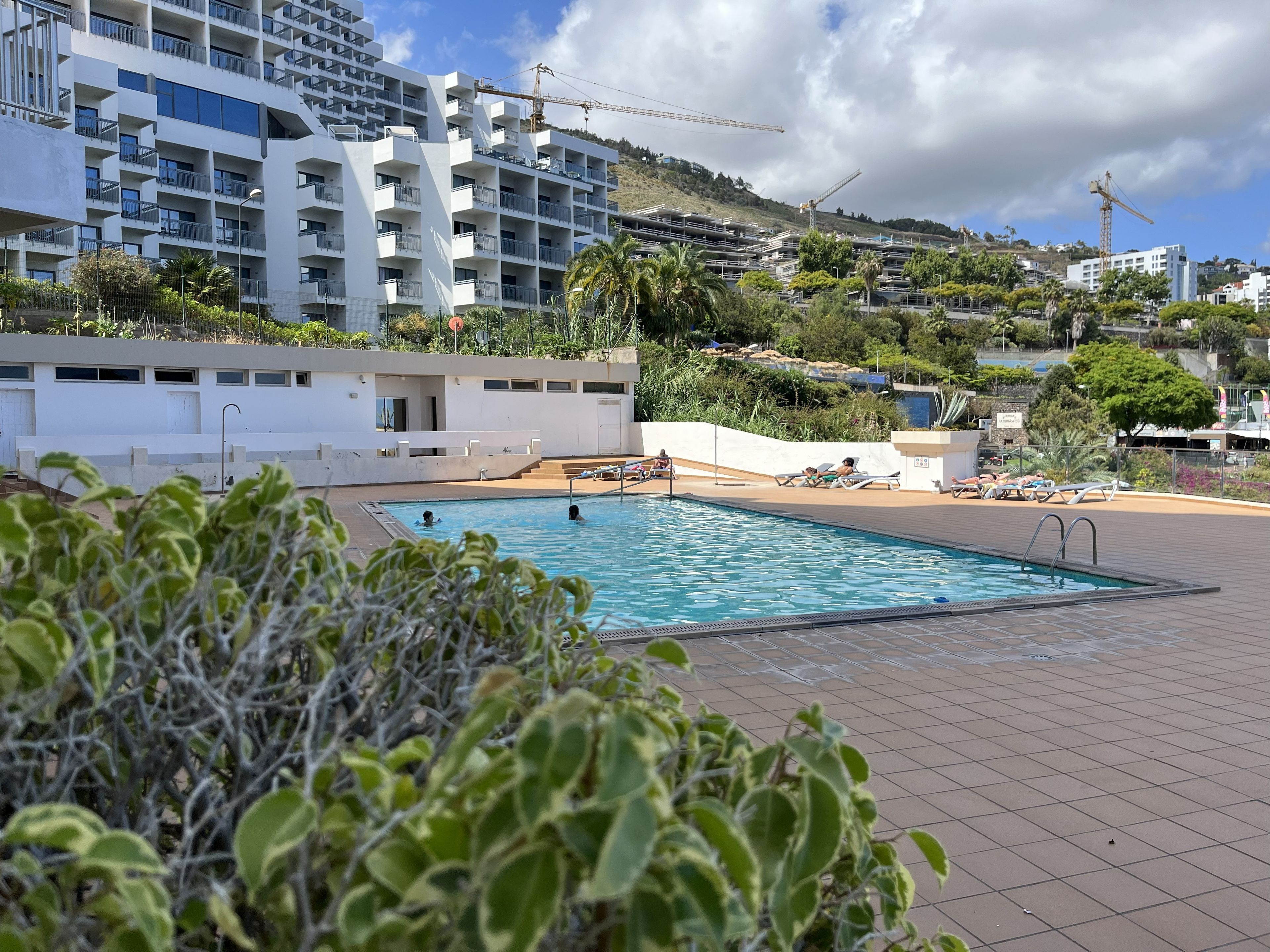 A swimming pool with a view of a modern building and construction cranes in the background.