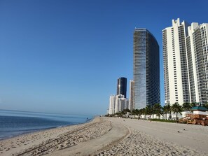 Une plage bordée d’immeubles de grande hauteur, de sable fin et de palmiers.