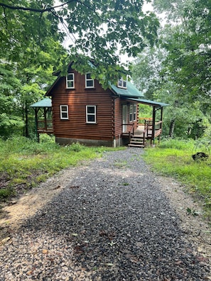 A wooden cabin with a porch, surrounded by dense forest.