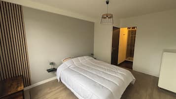 Ein Schlafzimmer mit einem Bett, Nachttischen, einem Kleiderschrank und einem Duschbereich.