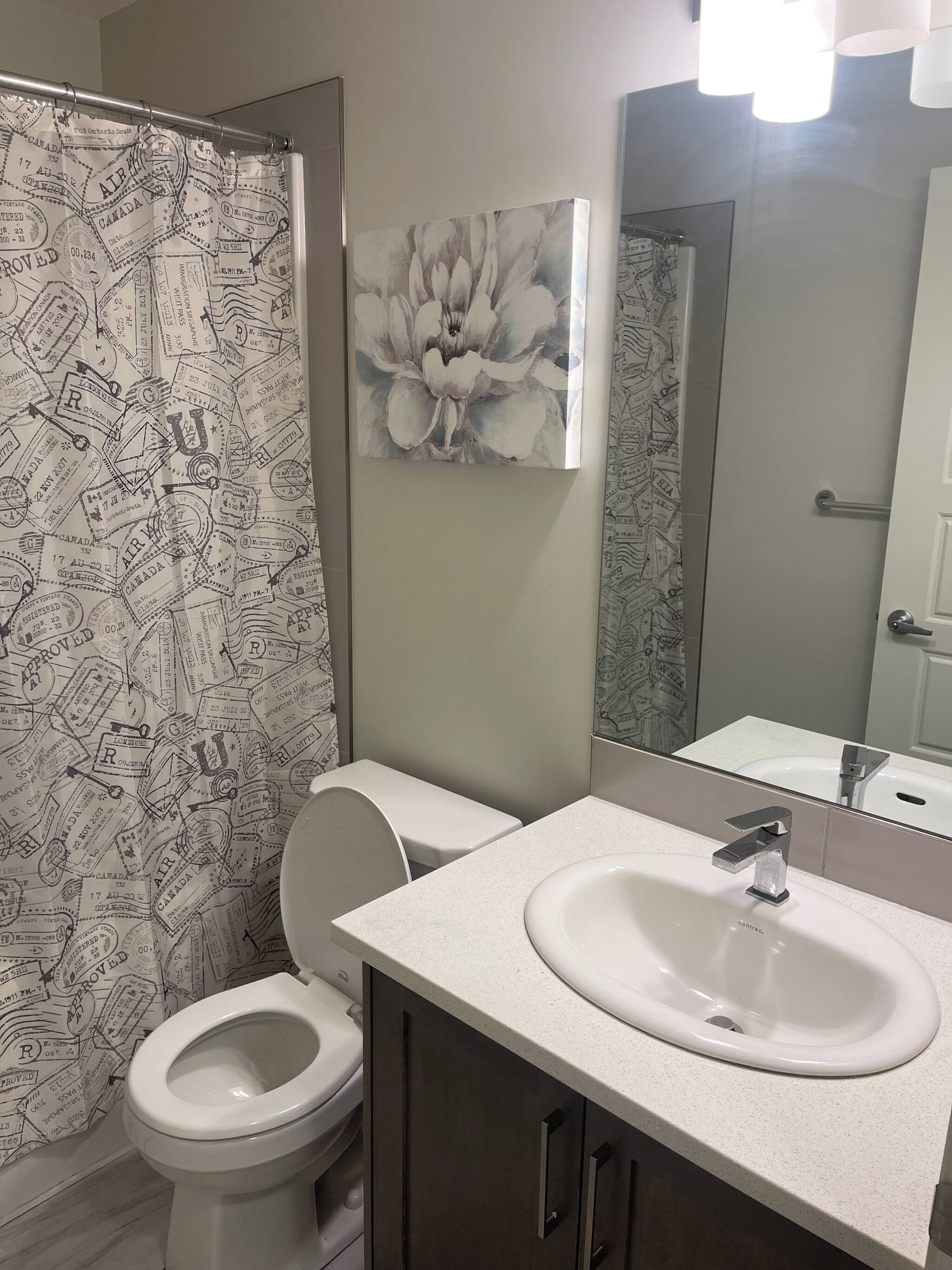 Een badkamer met toilet, wastafel en douchegordijn versierd met reispostzegels.