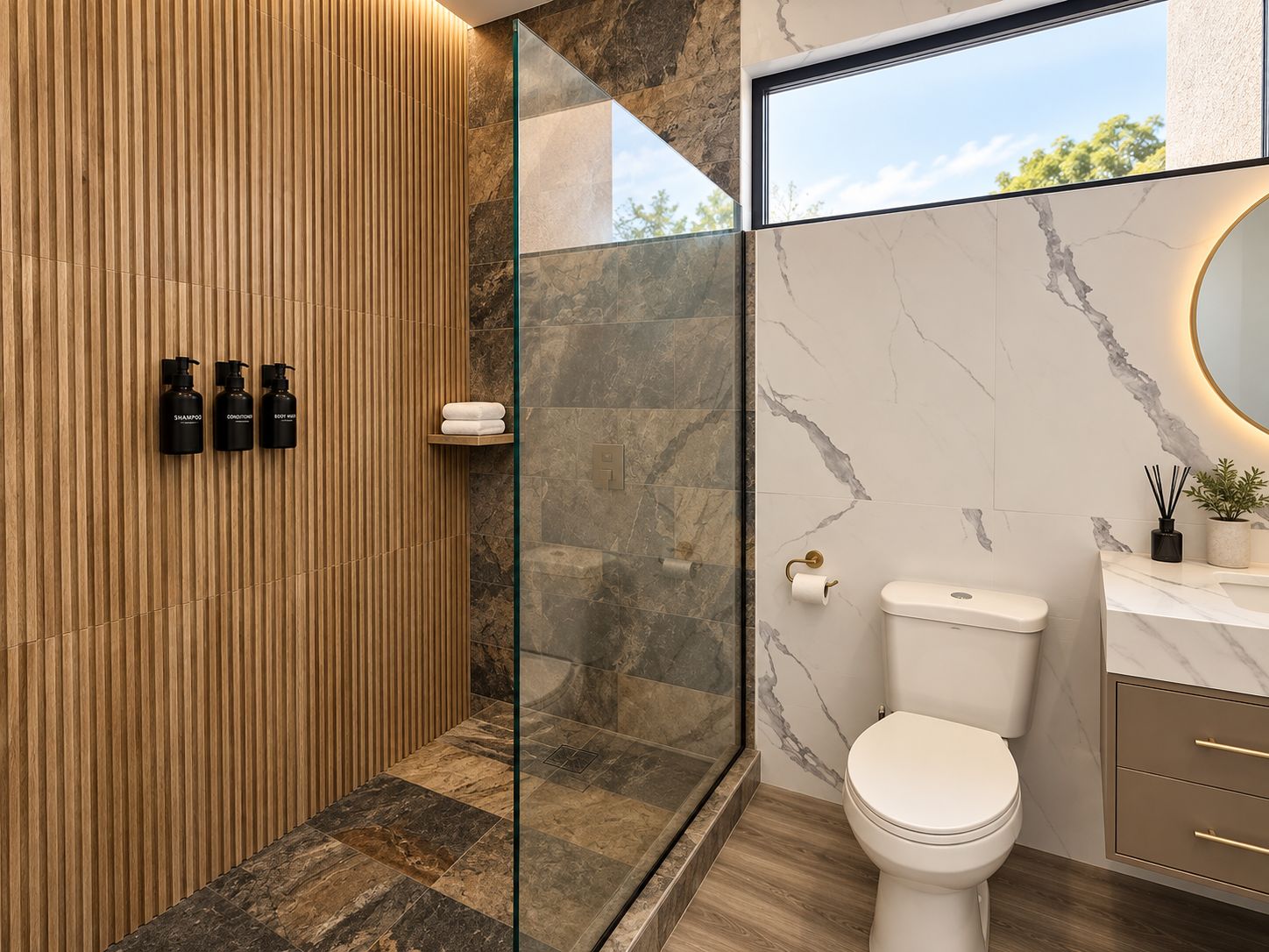 Ein modernes Badezimmer mit einer Holzwandverkleidung, einer Duschkabine aus Glas, einem marmorplattenbelagtem Duschbereich, einer Toilette und einem Waschbecken mit Marmorplatte.