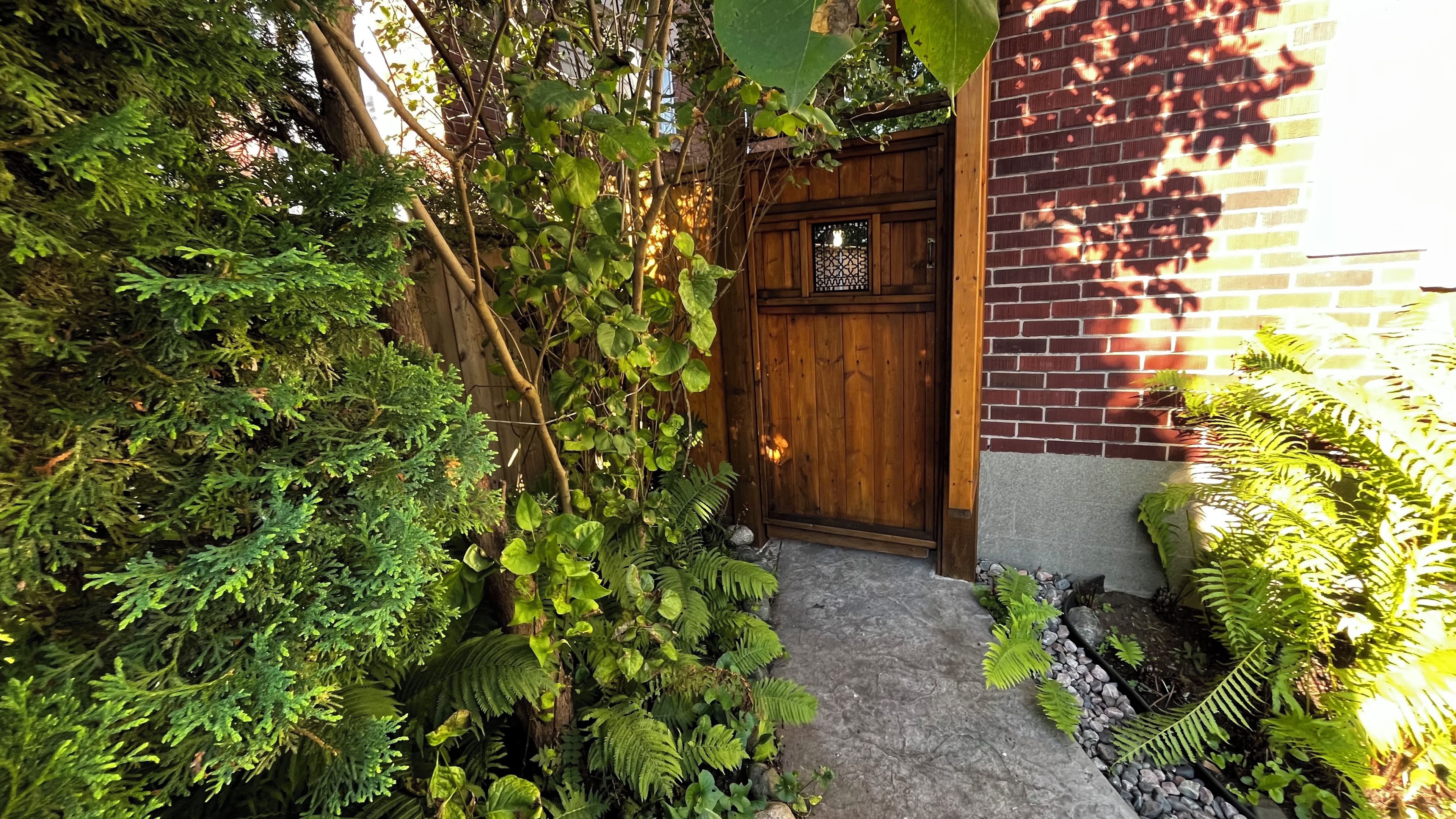 A wooden door with a small window, surrounded by dense greenery and a stone pathway leading to it.