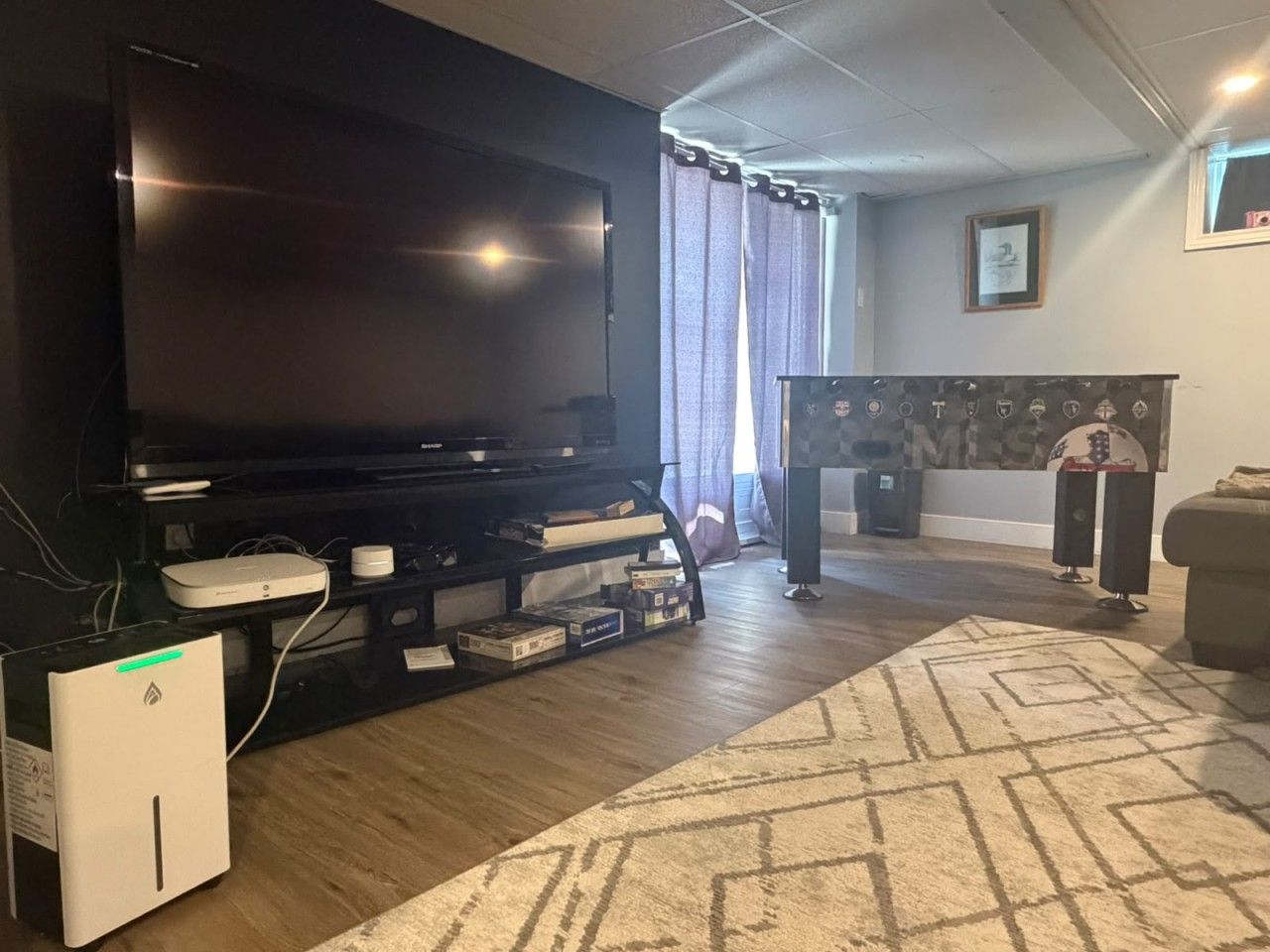 A living room with a flat-screen TV, a gaming console, a bookshelf, and a patterned rug.