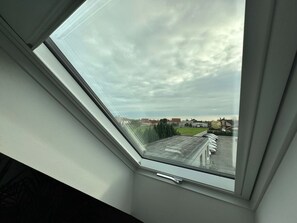 A skylight window with a view of a parking area and buildings.