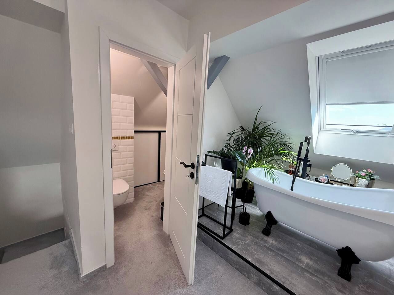 Un bagno con una vasca, un porta asciugamani e una pianta in vaso.