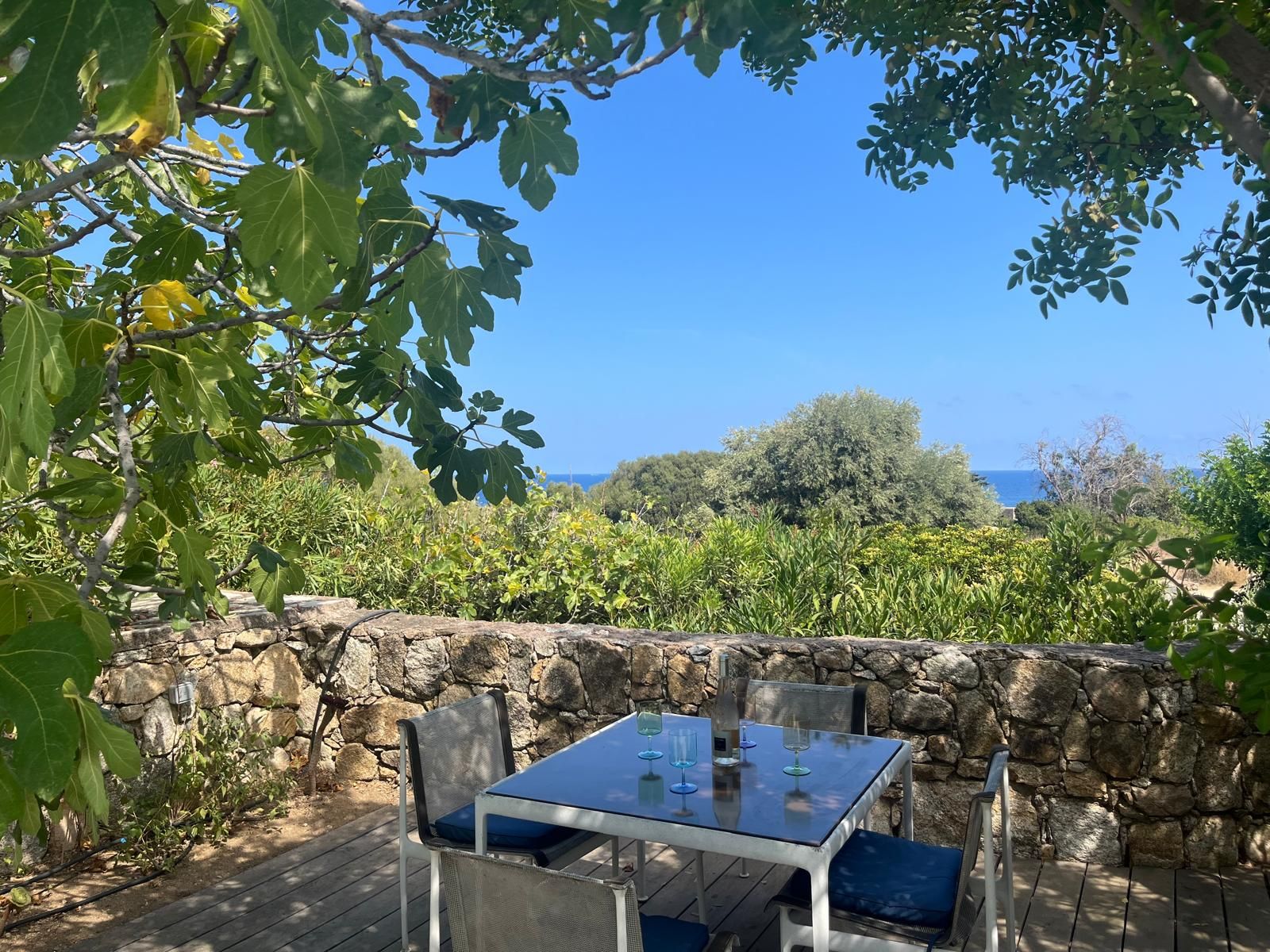 Un espace extérieur aménagé avec une table et des chaises, offrant une vue panoramique sur un paysage verdoyant, avec des arbres et la mer à l’horizon.