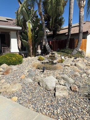A landscaped garden with a variety of plants, a small water feature, and a stone pathway.
