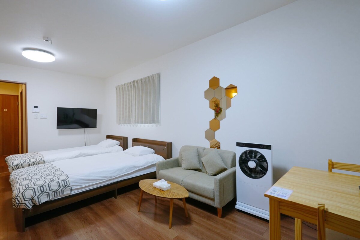 A hotel room with a bed, a sofa, a small table, a TV, a heater, and a wall-mounted decorative piece.