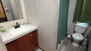 A bathroom with a sink, mirror, toilet, and shower curtain.