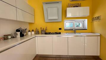 A modern kitchen with white cabinets, a yellow wall, and a wooden floor.
