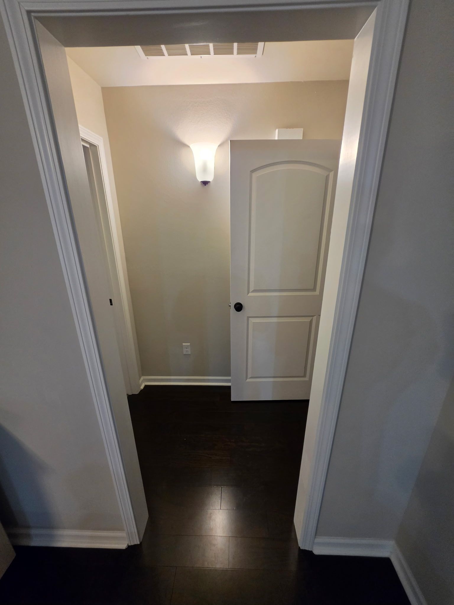 Un couloir avec une porte au fond, un luminaire fixé au mur et un plancher sombre.