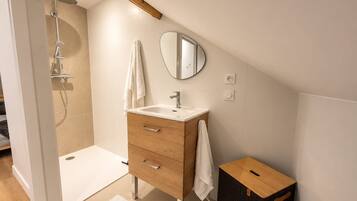 A modern bathroom with a shower, a sink, and a mirror.