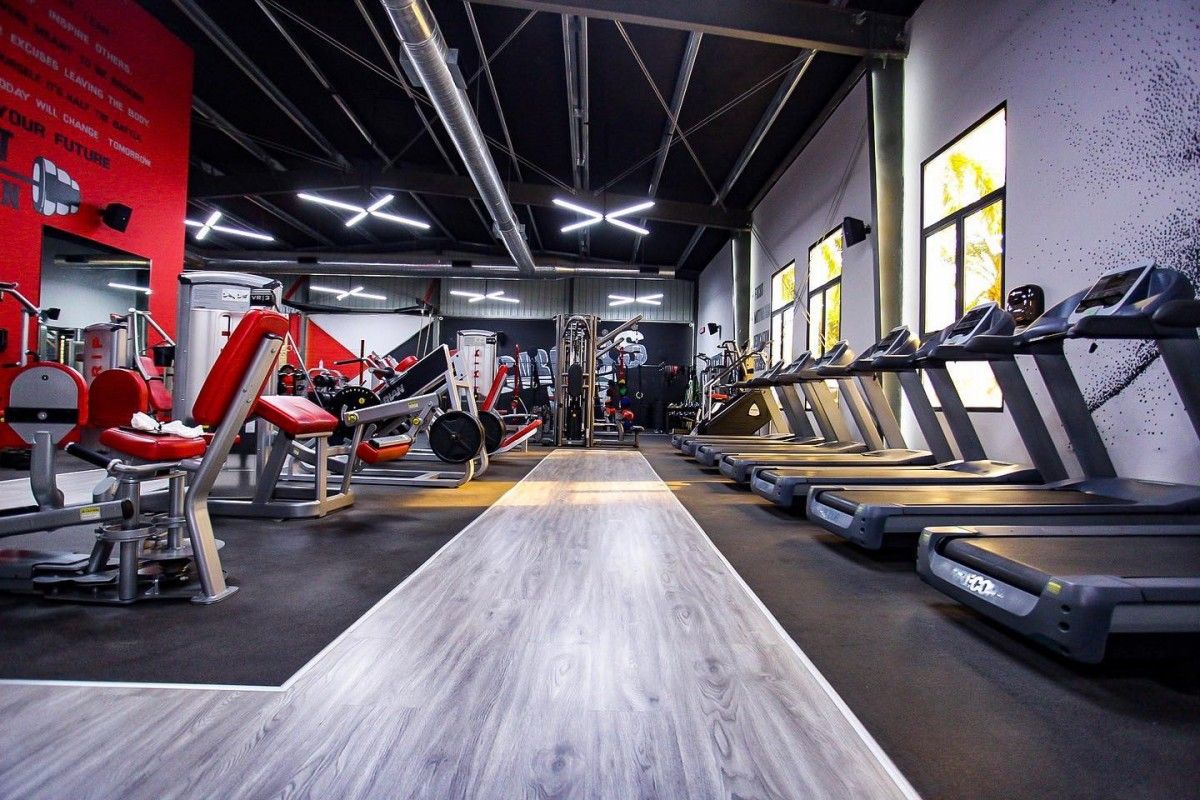 A gym with treadmills, weight machines, and a wooden floor.