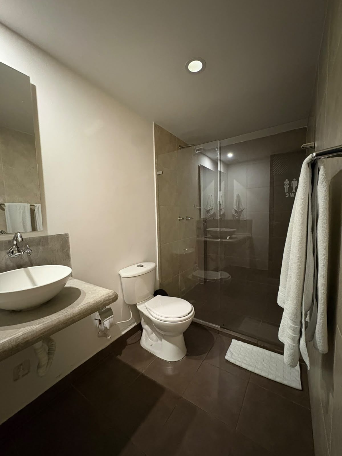Un baño moderno con un lavamanos grande, inodoro y ducha con mampara de vidrio.