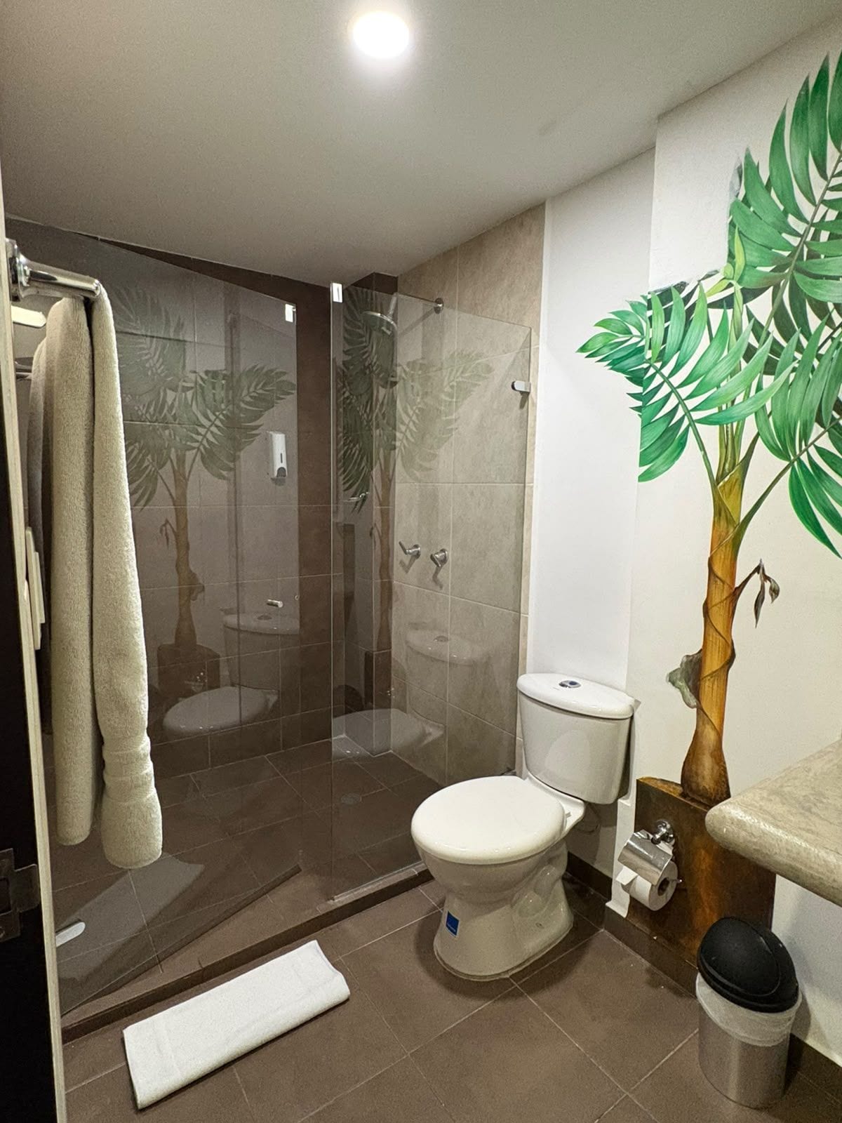 Un baño con ducha envuelta en vidrio, inodoro y lavamanos.