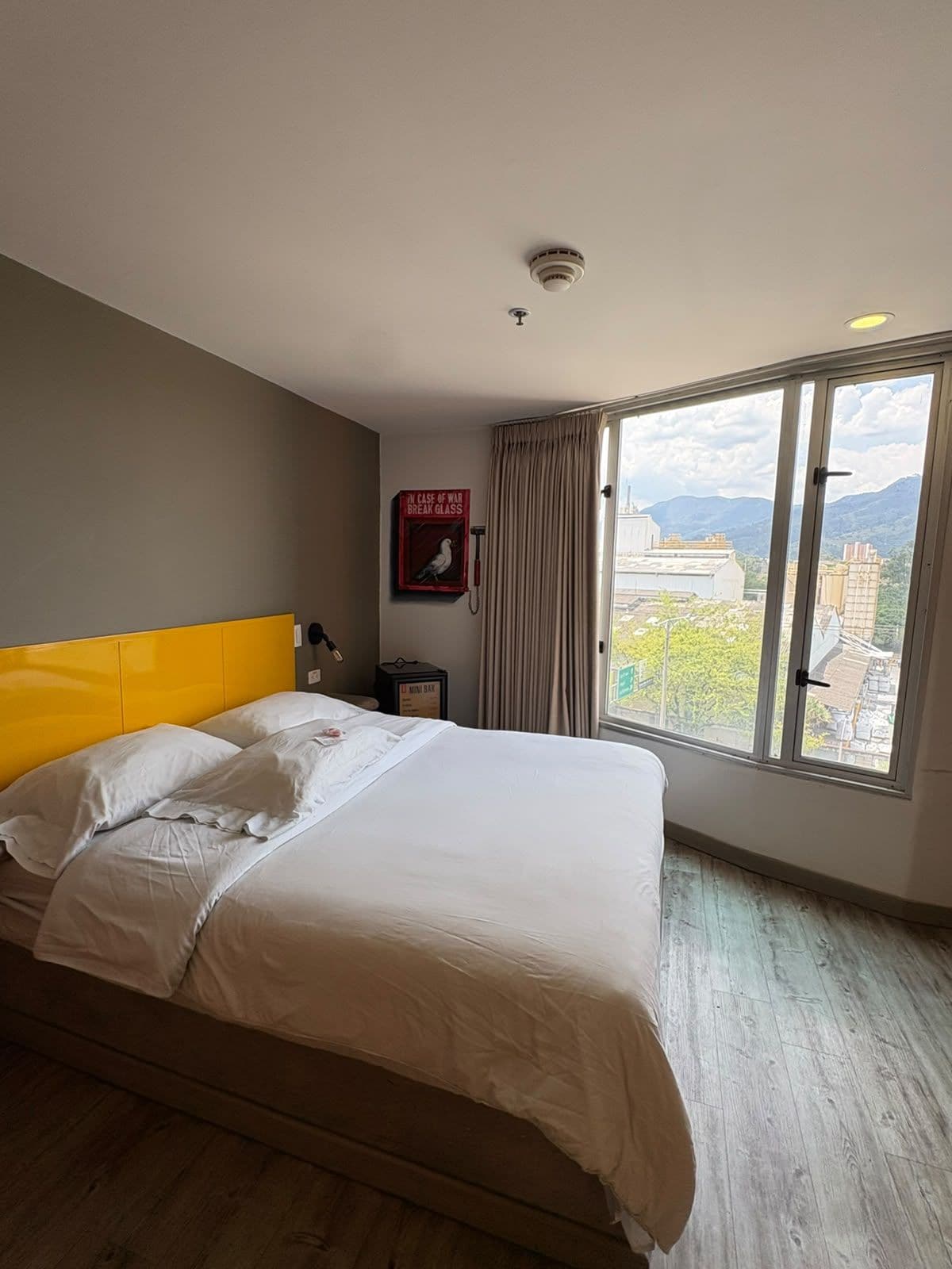 A hotel room with a bed, a window with a view of buildings and mountains, a wall-mounted light, and a fire alarm.