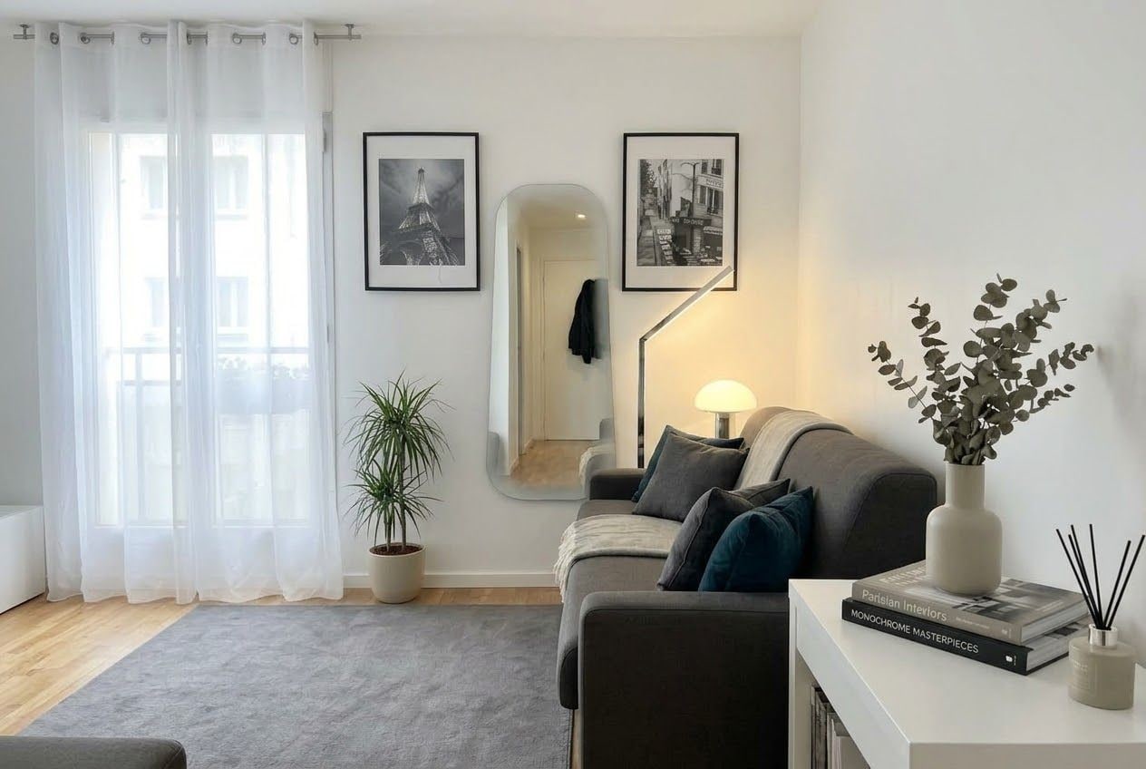 A modern living room with a sofa, a coffee table, a potted plant, and framed pictures on the wall.