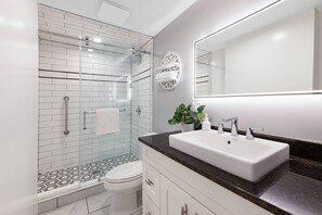 A modern bathroom with a glass shower enclosure, a white toilet, a large mirror, and a white sink with a black countertop. - Walk to Downtown, Shops, Restaurants! Charming Historic Home, Screened Porch, $300 in Free Tickets! (St. Augustine)