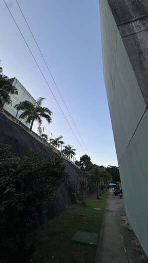 Una estructura de concreto con un camino, palmeras y una valla.