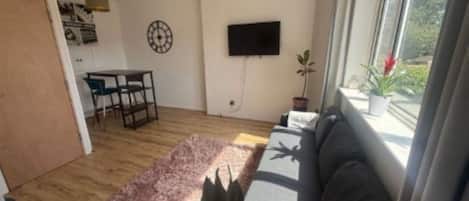 A living room with a sofa, a coffee table, a TV mounted on the wall, and a window with a view of greenery.
