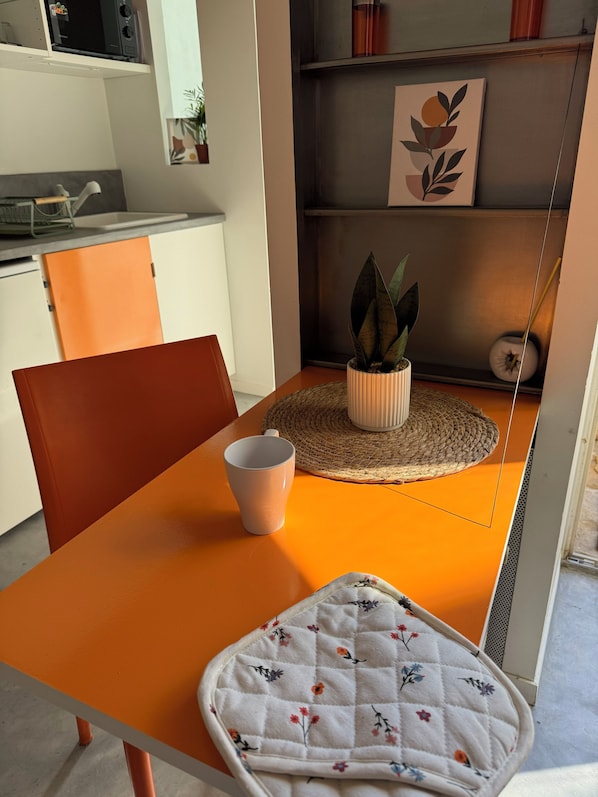 A dining area with a table, chairs, a bowl, a placemat, and a potted plant.