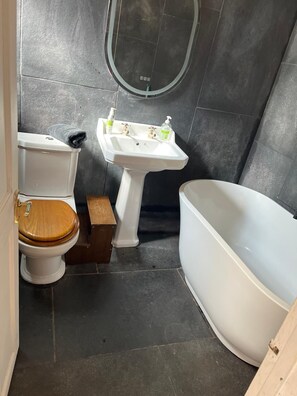 A bathroom with a toilet, sink, and bathtub. - Cosy Garden flat in central Bristol, pet friendly (Bristol)