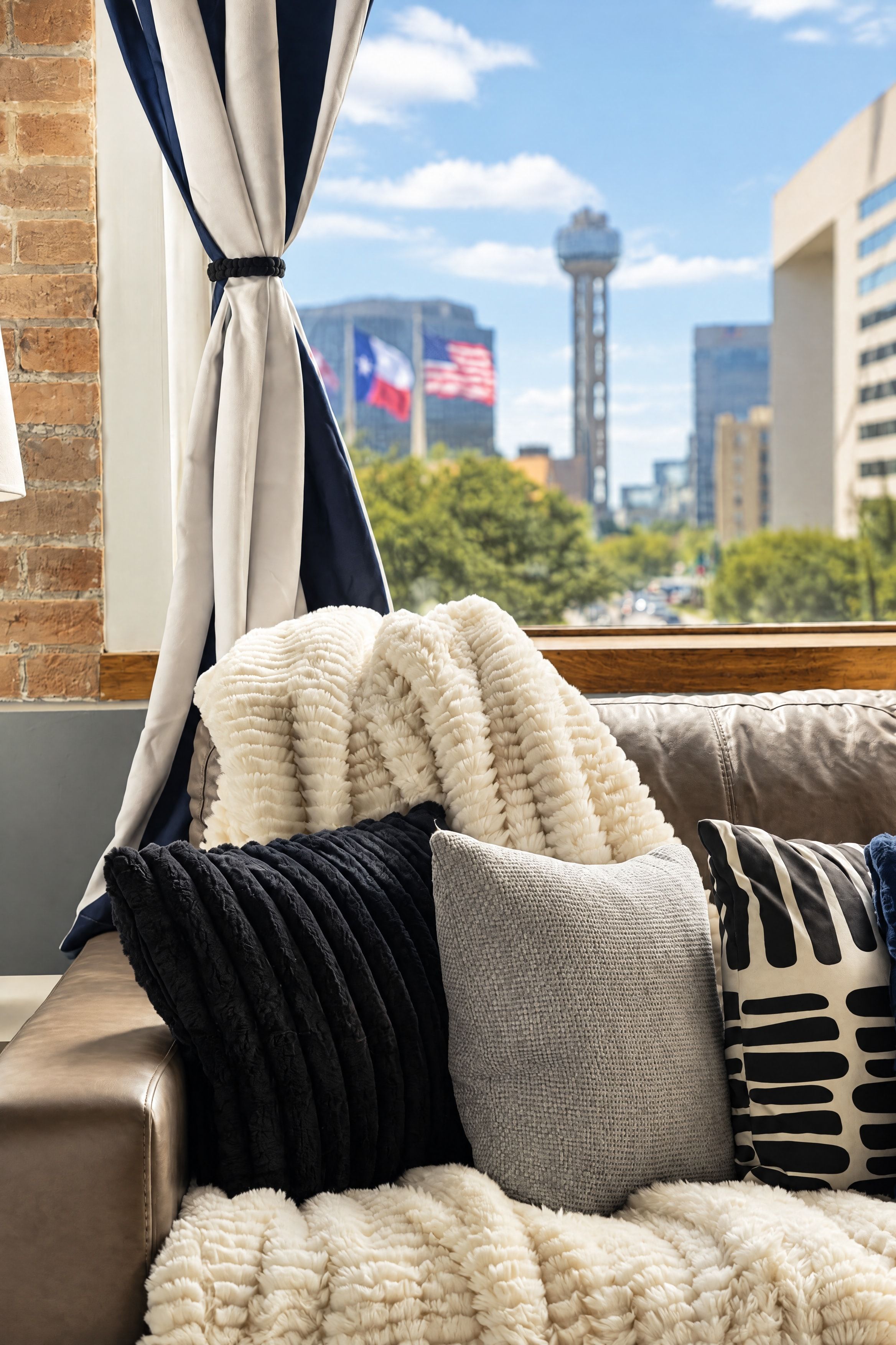 A city view from a window with a view of a tower and flags, a sofa with various cushions, and a curtain.