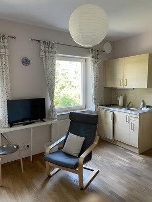 A modern living room with a flat-screen TV, a rocking chair, a dining table, and a kitchen area with cabinets and a sink. - Studio Apartment 'Marleen' with Wi-Fi (Ottobeuren)