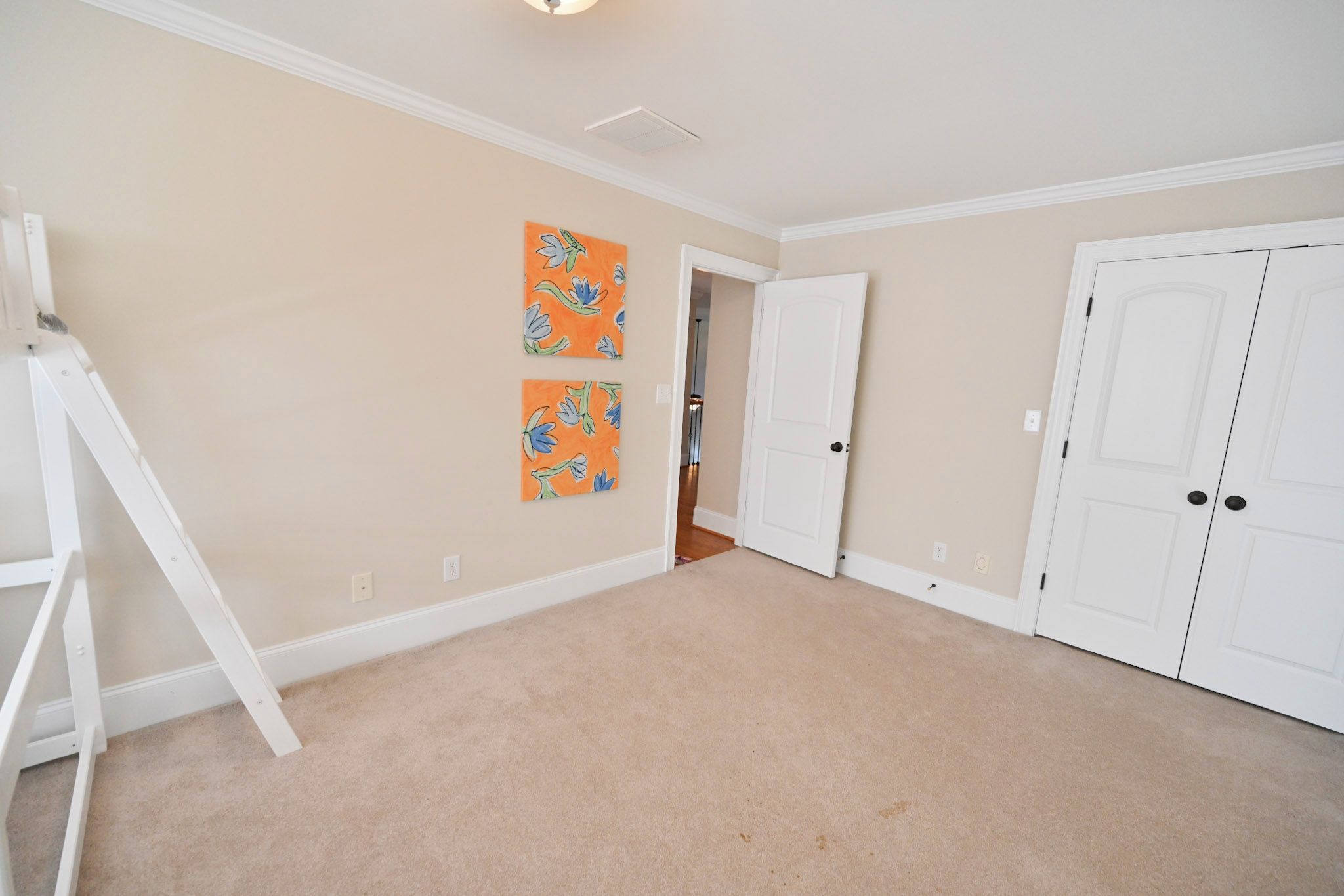 A room with beige carpet, white walls, two doors, and two orange floral paintings.