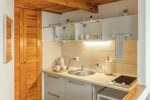 A compact kitchen with a wooden door, a sink, a kettle, and a small countertop. - Krakow Old Town Within Easy Reach - Kazimierz Apartment (Kraków)