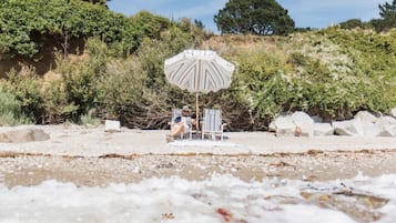 A beach setting with a person seated under a striped umbrella, surrounded by natural vegetation and rocks.