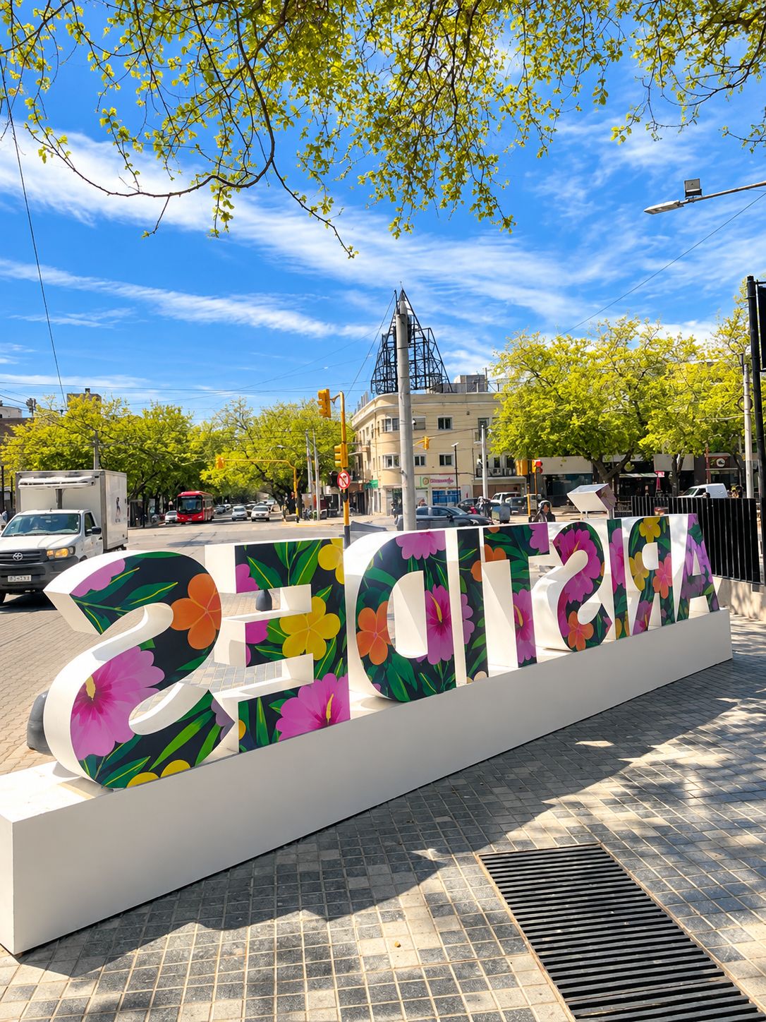 A large outdoor sign with the word 'ARTIST' in colorful letters, surrounded by trees and buildings.