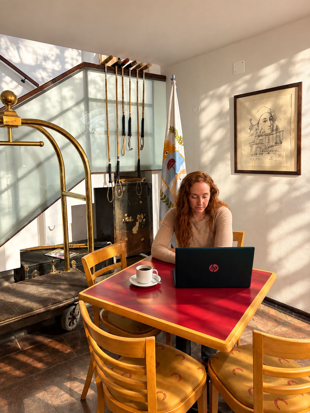 Iemand zit aan een tafel met een laptop, omringd door stoelen, een vlag en een ingelijst beeld aan de muur.