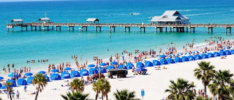 A beach with a pier, umbrellas, and palm trees.