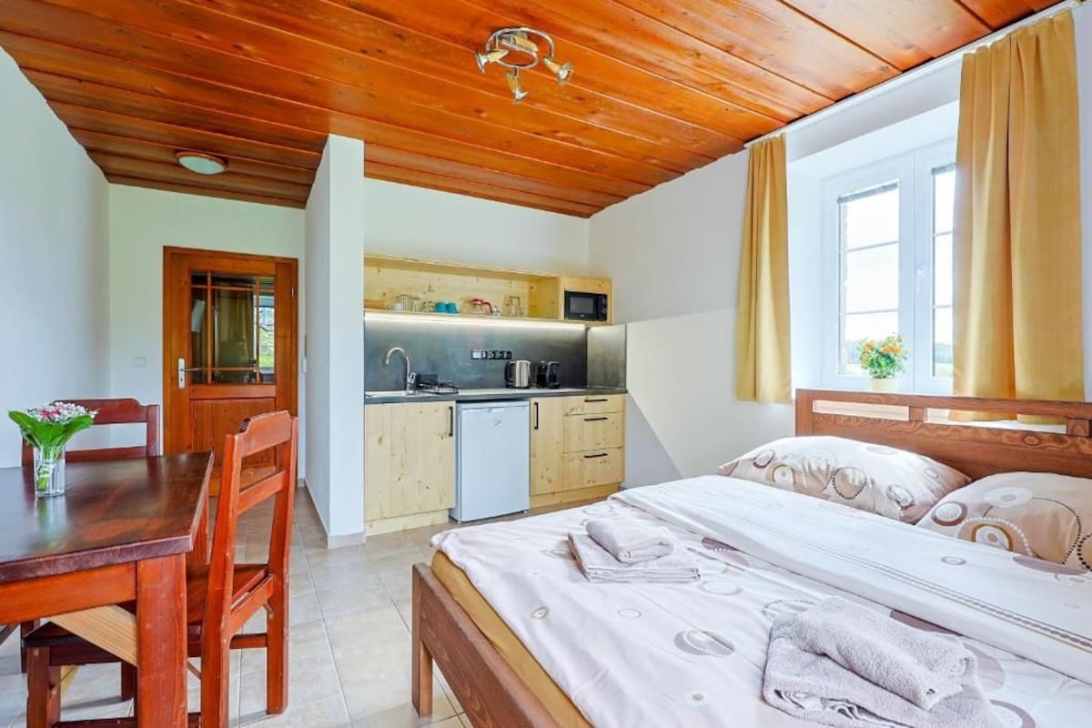 Una stanza con soffitto in legno, un letto con copriletto bianco, un tavolo da pranzo in legno con sedie, un angolo cottura con forno a microonde e una finestra con tende.