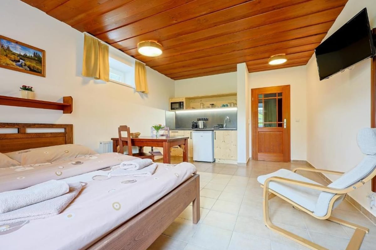 A room with a bed, a chair, a small kitchenette, and a TV.